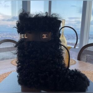 CHANEL Black Curly Fur Boots